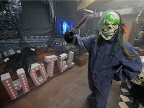 Kurtis Glaser poses in a haunted house he constructed in his garage at his home on Solie Cres. in Regina, Sask. on Saturday Oct. 29, 2016.