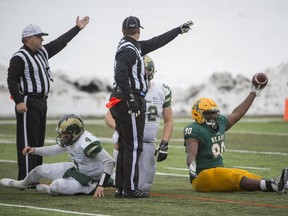 University of Regina quarterback Noah Picton (4) and his Rams teammates are looking to rebound from Saturday's loss to Lucky Daniels (90) and the Alberta Golden Bears.