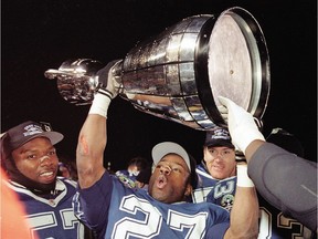 Mike Pringle celebrates with his Baltimore Stallions teammates after the 1995 Grey Cup game in Regina.