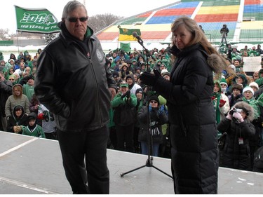 Saskatchewan Roughriders head coach Ken Miller and his wife Maureen were greeted by a few hundred fans at Mosaic Stadium on Monday.

(REGINA , SASK : NOVEMBER 29, 2010- Hundreds of Rider fans turned out to greet the Saskatchewan Roughriders after a disappointing 21-18 loss to the Montreal Alouettes.  Head Coach  Ken Miller and his wife Maureen were warmly greeted by the fans. (Roy Antal/Regina Leader Post) ( SPORTS) (Story by Greg Harder, Tim Switzer)