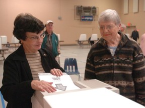 Fran Schuster (right) who is voting in Ward 2 in the Regina Civic election watches Marge Nestor a Receiving Deputy Returning Officer load her vote into the Accu Vote electronic vote counting machine at Poll 7 at the South Leisure Centre on Sunset Drive on Wednesday morning.