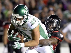 Saskatchewan receiver Nic Demski (9) is looking to bounce back from three drops against the Ottawa Redblacks on Friday.
