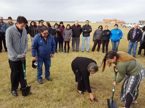 (L-R) Tyree Cyr standing with shovel, elder Rick Favel, Elder Olive Ironeagle and Reighlene Peigan. (supplied by Cory Generoux with File Hills Qu'Appelle Tribal Council)