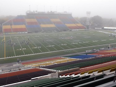 The Saskatchewan Roughriders practiced in the fog at Mosaic Stadium on Wednesday.