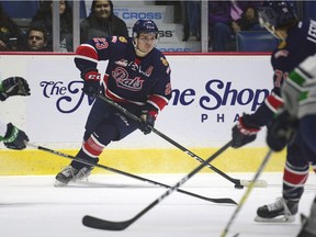 Regina Pats forward Sam Steel looks through traffic for an opening against the Seattle Thunderbirds during a WHL game Sunday at the Brandt Centre.