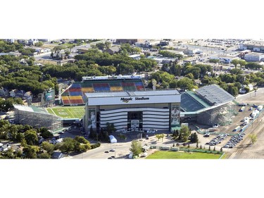 An Aerial view Mosaic Stadium complete with temporary stand to hold this year's Grey cup in Regina, SK. on Thursday, August 22, 2013. With plans moving forward for a new stadium, Mosaic's demise is inevitable.