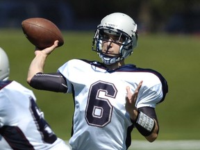 This file photo shows Regina Thunder cornerback Kade Tuba in his previous gig as one of the team's quarterbacks.