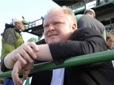 Toronto mayor Rob Ford attends the Saskatchewan Roughriders vs Hamilton Tiger-Cats game held at Mosaic Stadium in Regina, Sask. on Sunday July 21, 2013.