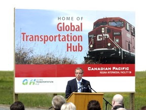 Premier Brad Wall speaks at the official unveiling of the future site of CP's Regina Intermodal Facility at the Global Transportation Hub in 2011.
