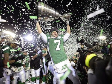Saskatchewan Roughriders slotback Weston Dressler (#7) hoists the Grey Cup at the end of the 101st Grey Cup game held at Mosaic Stadium in Regina, Sask. on Sunday Nov. 24, 2013.