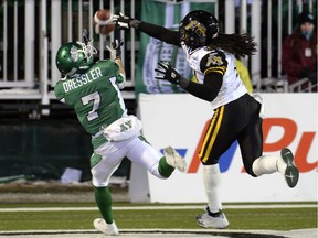 Weston Dressler, 7, catches a touchdown pass for the Saskatchewan Roughriders in the 2013 Grey Cup game on Taylor Field.