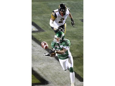 Saskatchewan Roughriders slotback Geroy Simon (#81) scores a touchdown in the first quarter of the 101st Grey Cup game held at Mosaic Stadium in Regina, Sask. on Sunday Nov. 24, 2013.