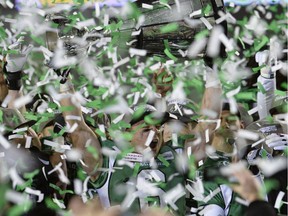 Riders receiver Rob Bagg celebrates the 2013 Grey Cup championship at Mosaic Stadium.