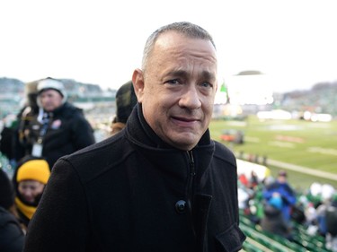 Tom Hanks poses for a photo at the 101st Grey Cup game held at Mosaic Stadium in Regina, Sask. on Sunday Nov. 24, 2013