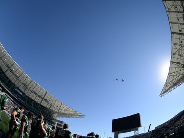 A flyover before the start of the University of Regina Rams' game against the University of Saskatchewan Huskies at the new Mosaic Stadium in Regina.  This is the first event ever held at the new stadium.