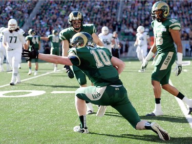 University of Regina Rams' Jeff Propp celebrates an interception during a game against the University of Saskatchewan Huskies at the new Mosaic Stadium in Regina.  This is the first event ever held at the new stadium.