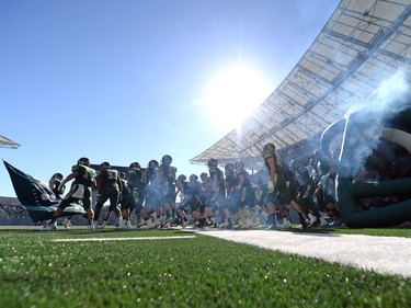 The University of Regina Rams take the field at new Mosaic Stadium for their game against the University of Saskatchewan Huskies on Saturday. The contest was the first ever played at the new stadium.