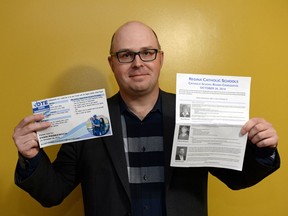 Evan Markewich, a candidate for the Regina Catholic School Board, is upset that his name was left out of a pamphlet advertising "all" of the candidates.