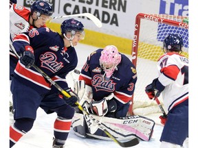 Regina Pats goalie Tyler Brown makes a save in the first period of his team's 6-1 win over the Lethbridge Hurricanes on Tuesday night.