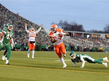 Jeremiah Johnson, 24, of the B.C. Lions scores a touchdown against the Saskatchewan Roughriders on Saturday at Mosaic Stadium.