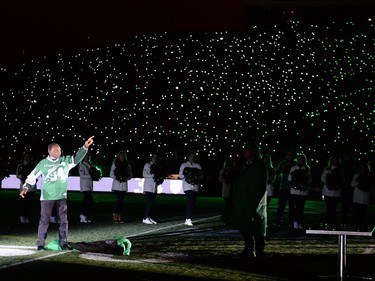 REGINA, SASK :  October 29, 2016  -- Roughriders legend George Reed takes part in the post game show following the Saskatchewan Roughriders final home game at old Mosaic Stadium in Regina. TROY FLEECE / Regina Leader-Post