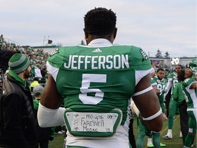 Saskatchewan Roughriders defensive end Willie Jefferson paid tribute on his pads to Mosaic Stadium before the Roughriders' final game at the facility Saturday.