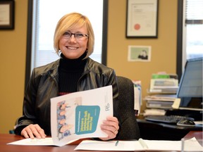 Dawn Martin, CEO of the Pharmacy Association of Saskatchewan, looks over a  brief the association submitted to the province's Health Authority Review Panel.