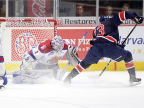 Regina Pats centre Sam Steel, shown in action earlier this season, went one-on-one with Edmonton Oil Kings goalie Patrick Dea again on Wednesday. Steel had a goal and two assists in Regina's 4-2 victory at Rogers Place.