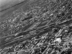 This 1922 aerial photo shows Park Hughes (soccer field, left) and the adjacent Park de Young (baseball diamond, right).