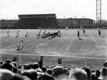 The Saskatchewan Roughriders play the B.C. Lions in 1958. The Lions are lining up for a field goal. Part of the Mosaic Stadium retrospective.