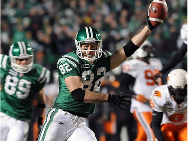 Saskatchewan Roughriders slotback Jason Clermont (#82) celebrates catching the game winning touch down after the Saskatchewan Roughriders defeated the B.C. Lions in overtime at Mosaic Stadium in Regina November 14, 2010. Saskatchewan won 41-38 in overtime.
