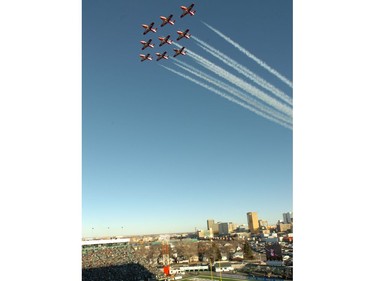 CFL western semi-final action between the visiting B.C.Lions and the Saskatchewan Roughriders at Mosaic Stadium in Regina Saskatchewan,  November 8, 2008 . -The Snowbirds performed a fly-by at the beginning of the game on Saturday, keeping the crowd in an excited state to start the western semifinal.