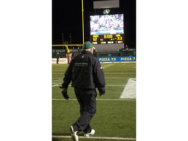 Saskatchewan head coach Ken Miller leaves the field after the CFL western semi-final action between the visiting B.C.Lions and the Saskatchewan Roughriders at Mosaic Stadium in Regina Saskatchewan,  November 8, 2008 .