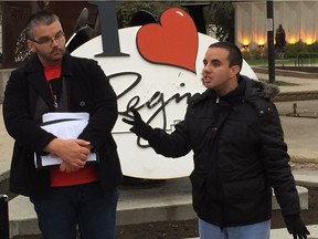 Chad Novak (L) and Dylan Morin (R) speak at a rally outside Regina City Hall about Paratransit and the changes they want to see with the program.