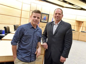 Joel Murray, left, and Wade Murray at council chambers at Regina City Hall. Joel is taking over as councillor in Ward 6 from his father Wade.  DON HEALY / Regina Leader-Post