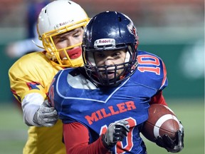 The Miller Marauders' Brayden Long rushes for some of his 211 yards against the Sheldon-Williams Spartans on Monday in the Regina Intercollegiate Football League's Stewart Conference final.