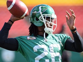 Saskatchewan Roughriders defensive back Tevaughn Campbell, shown here in a file photo, recorded the first interception of his CFL career Saturday.