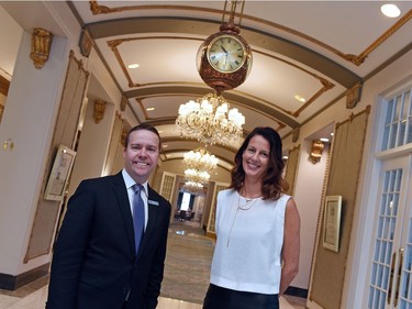 Colin Perry, the Hotel Saskatchewan's general manager, and Melynda Loder, the hotel's director of sales and marketing in the lobby area of the iconic Regina hotel.