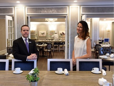 Colin Perry, the Hotel Saskatchewan's general manager, and Melynda Loder, the hotel's director of sales and marketing in the restaurant of the iconic Regina hotel.