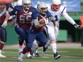 Regina Thunder running back Victor St. Pierre-Laviolette takes off on one of his runs during Sunday's PFC game against the Calgary Colts at Mosaic Stadium.