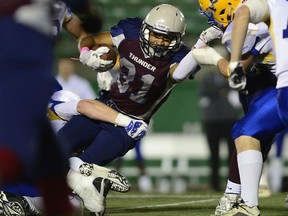 Tailback Victor St. Pierre-Laviolette, shown here in action against Saskatoon on Oct. 1, and the Regina Thunder are to face the host Hilltops in a PFC semifinal Sunday.