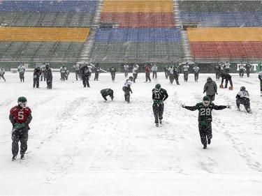 Saskatchewan Roughriders' last practice session at Mosaic Stadium ahead of Sunday's semifinal against the Calgary Stampeders wasn't ideal. Friday's snowfall was so heavy that the Riders  had to alternate between each half of the field to allow trucks to clear the snow.