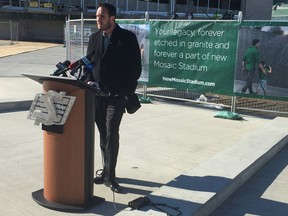 Saskatchewan Roughriders president-CEO Craig Reynolds announces on Thursday plans for granite fan walls that are to be constructed outside the main entrance to the new Mosaic Stadium.