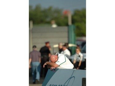 Riders Jim Hopson feels the pain as the Riders return men could't decide who would take the ball. during CFL action at Taylor Field at Mosaic Stadium Sunday. The Riders won 32-24.