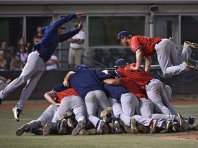 Swift Current Indians celebrate a sweep of the Edmonton Prospects in the 2016 Western Major Baseball League championship series.