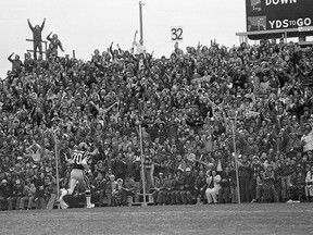 The Saskatchewan Roughriders' Steve Mazurak crosses the goal line in the south end of Taylor Field on Oct. 19, 1975.