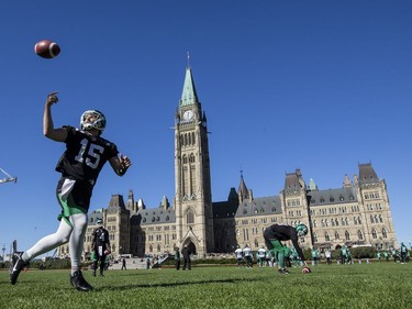 The Saskatchewan Roughriders practiced on Parliament Hill in Ottawa on Tuesday October 11, 2016. Errol McGihon/Postmedia ORG XMIT: POS1610111500351868