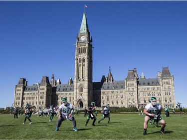 The Saskatchewan Roughriders practiced on Parliament Hill in Ottawa on Tuesday October 11, 2016. Errol McGihon/Postmedia ORG XMIT: POS1610111459511842