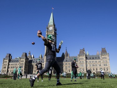 The Saskatchewan Roughriders practiced on Parliament Hill in Ottawa on Tuesday October 11, 2016. Errol McGihon/Postmedia ORG XMIT: POS1610111500321865