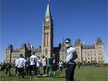 The Saskatchewan Roughriders practiced on Parliament Hill in Ottawa on Tuesday October 11, 2016. Errol McGihon/Postmedia ORG XMIT: POS1610111500151856